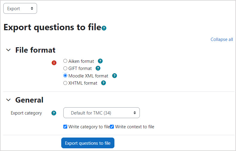 On the Export questions to file page in Moodle, under File format the Moodle XML format radio button is selected. A question bank is selected in the Export category dropdown, above the Export questions to file button.